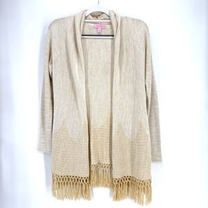Lilly Pulitzer Tatum Long Fringe Hem Cardigan Small Ivory Gold Metallic